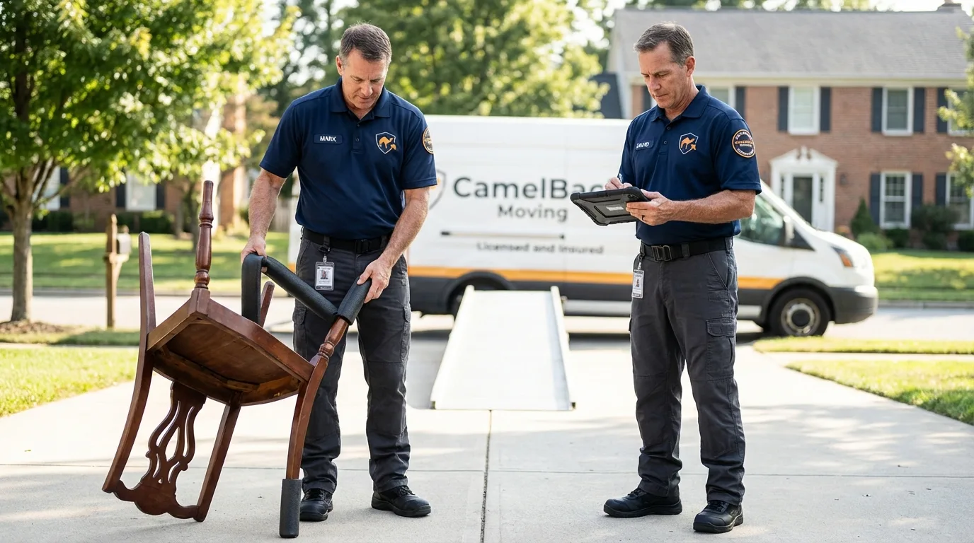 Movers inspecting furniture for damage prevention before loading in Johnstown, PA