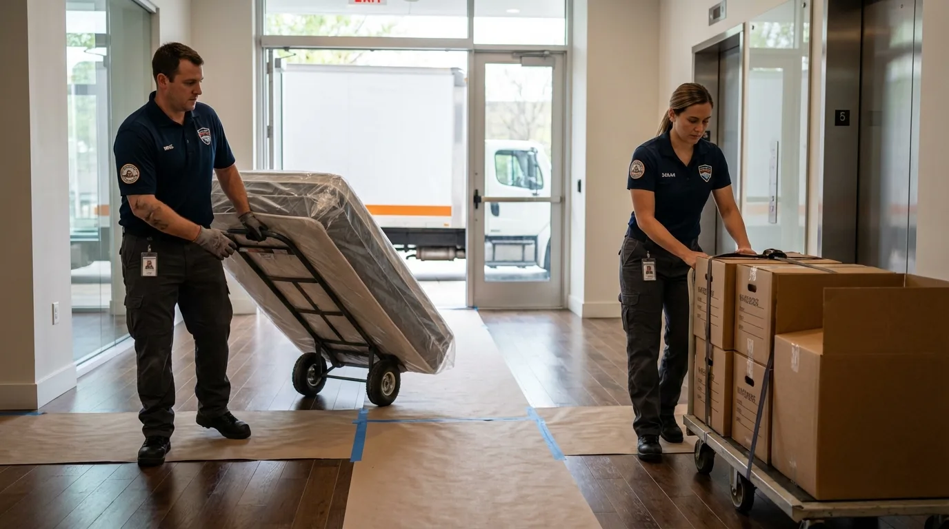 Professional apartment movers loading elevator in Johnstown, PA