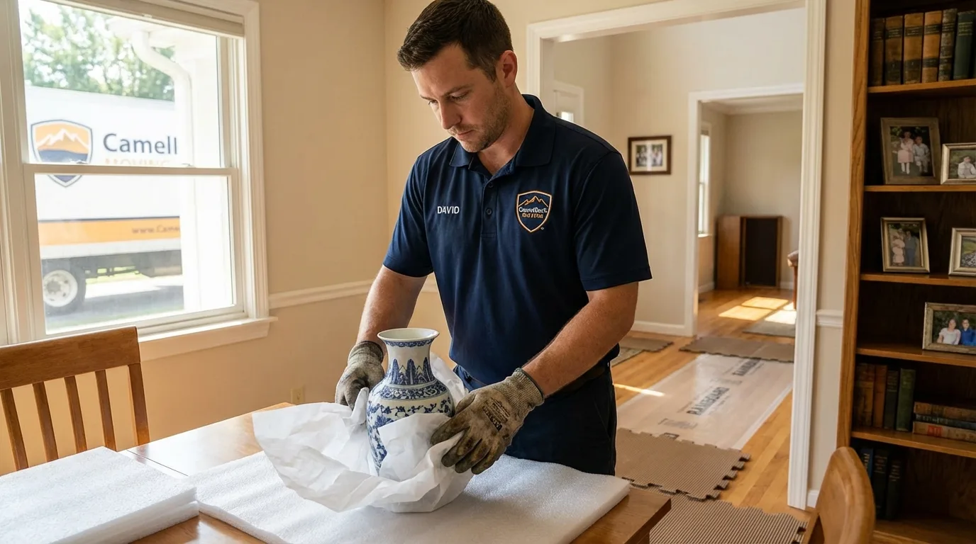 Professional crew carefully wrapping antique vase for senior downsizing move in Johnstown, PA